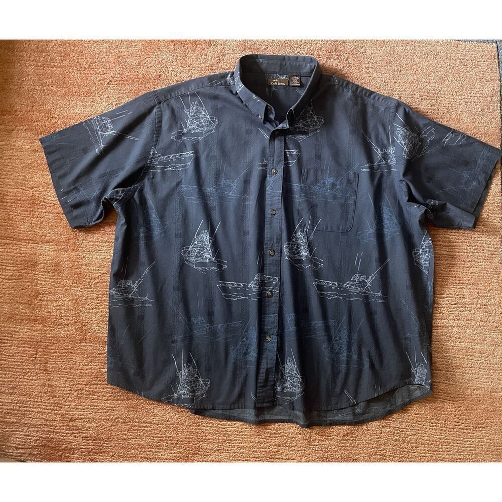 Cafe Luna Men’s 3XL 54/56 Blue Cotton Button Up Short Sleeve Shirt Boats